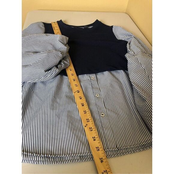 Halogen  Blouse Long Bell Sleeves  Navy Blue Striped Size S - Picture 8 of 13